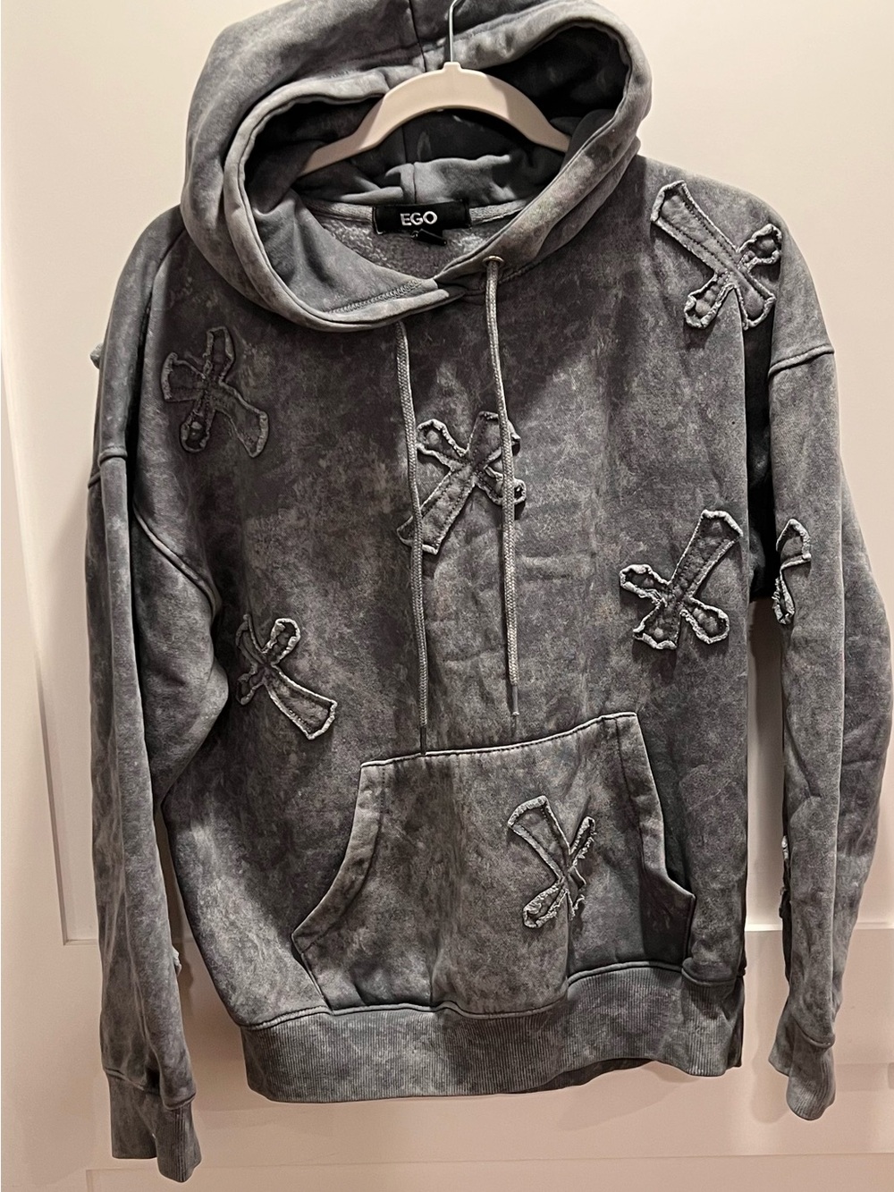EGO Women's Washed Charcoal Hoodie with Distressed Cross Appliqués